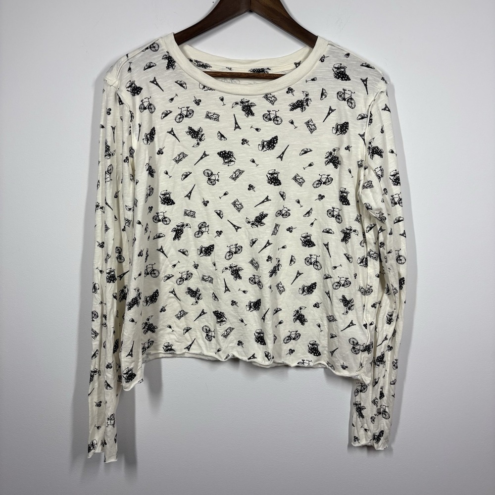 Maeve Women Paris AOP Novelty Long Sleeve Top Size S Cream Graphic Casual French